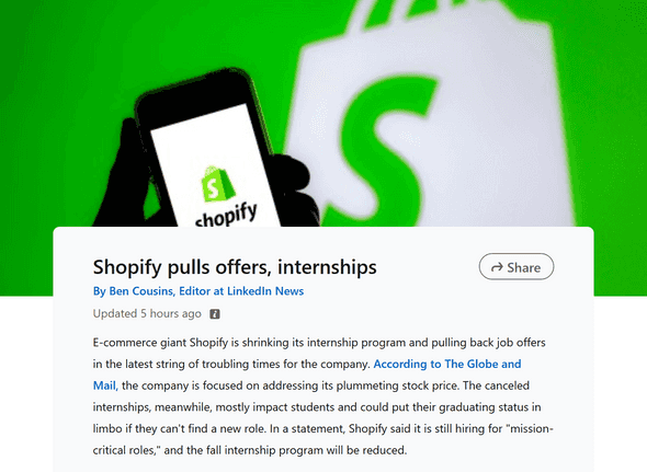 A LinkedIn article about Shopify's internship program.